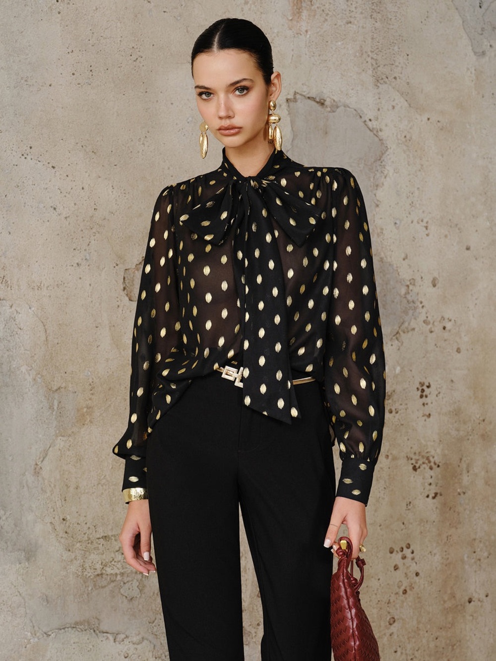 Commense Polka Dot Bow Neckline Semi-Sheer Blouse